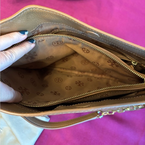 Tory Burch Britten Tote Brown Leather Shoulder Bag With Duster Bag - Picture 4 of 11